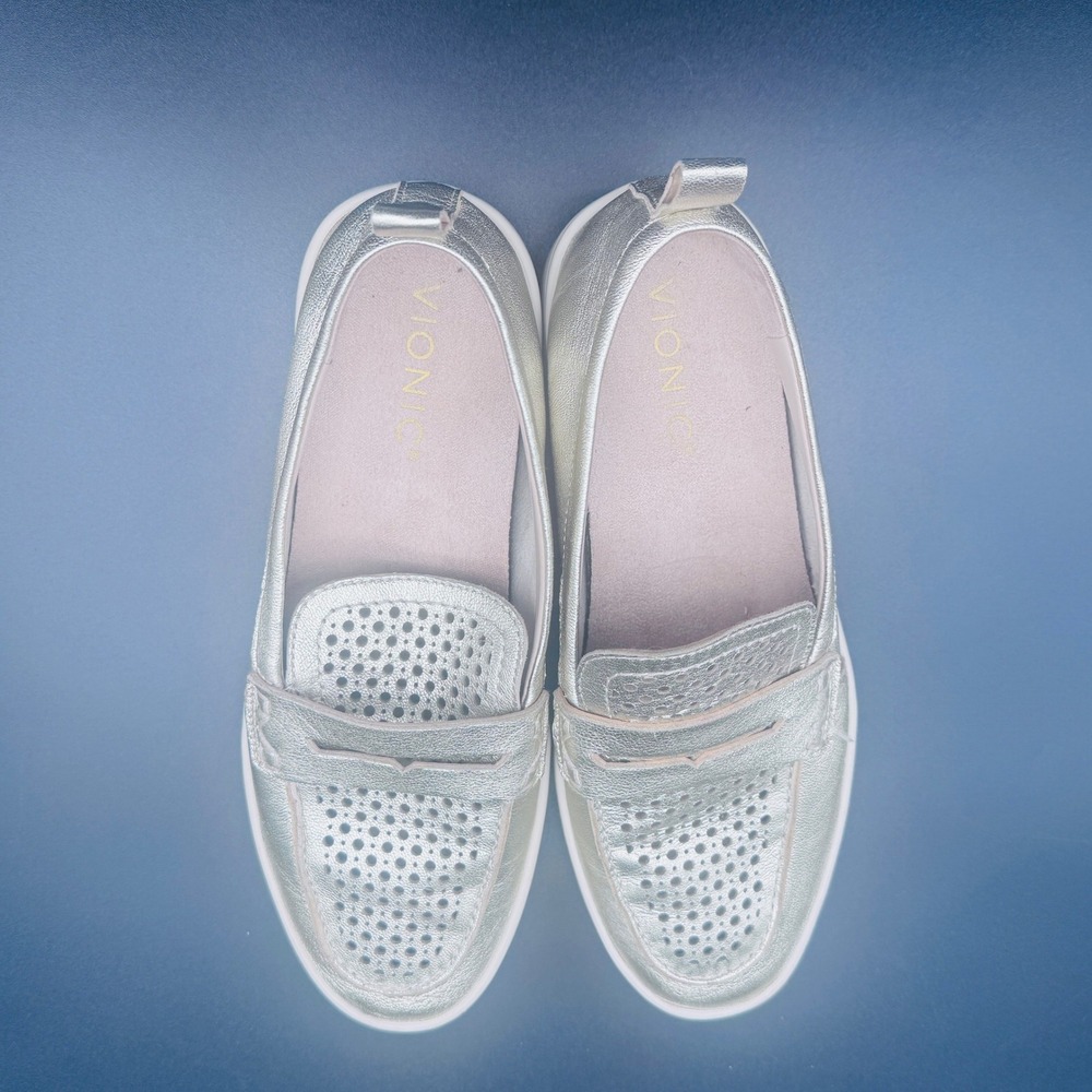 Vionic Uptown Perf Loafers Womens 7 GOLD Metallic Leather Slip On Orthotic